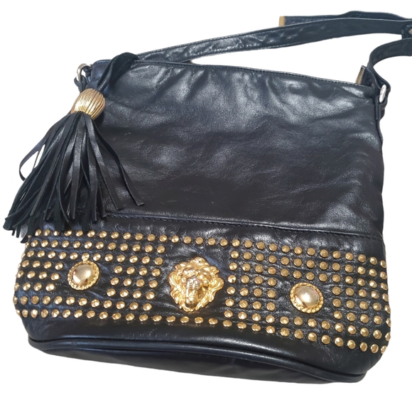 VINTAGE 80's Black Genuine Leather Gold Studded Lion Bucket Crossbody Bag Purse - Picture 4 of 7